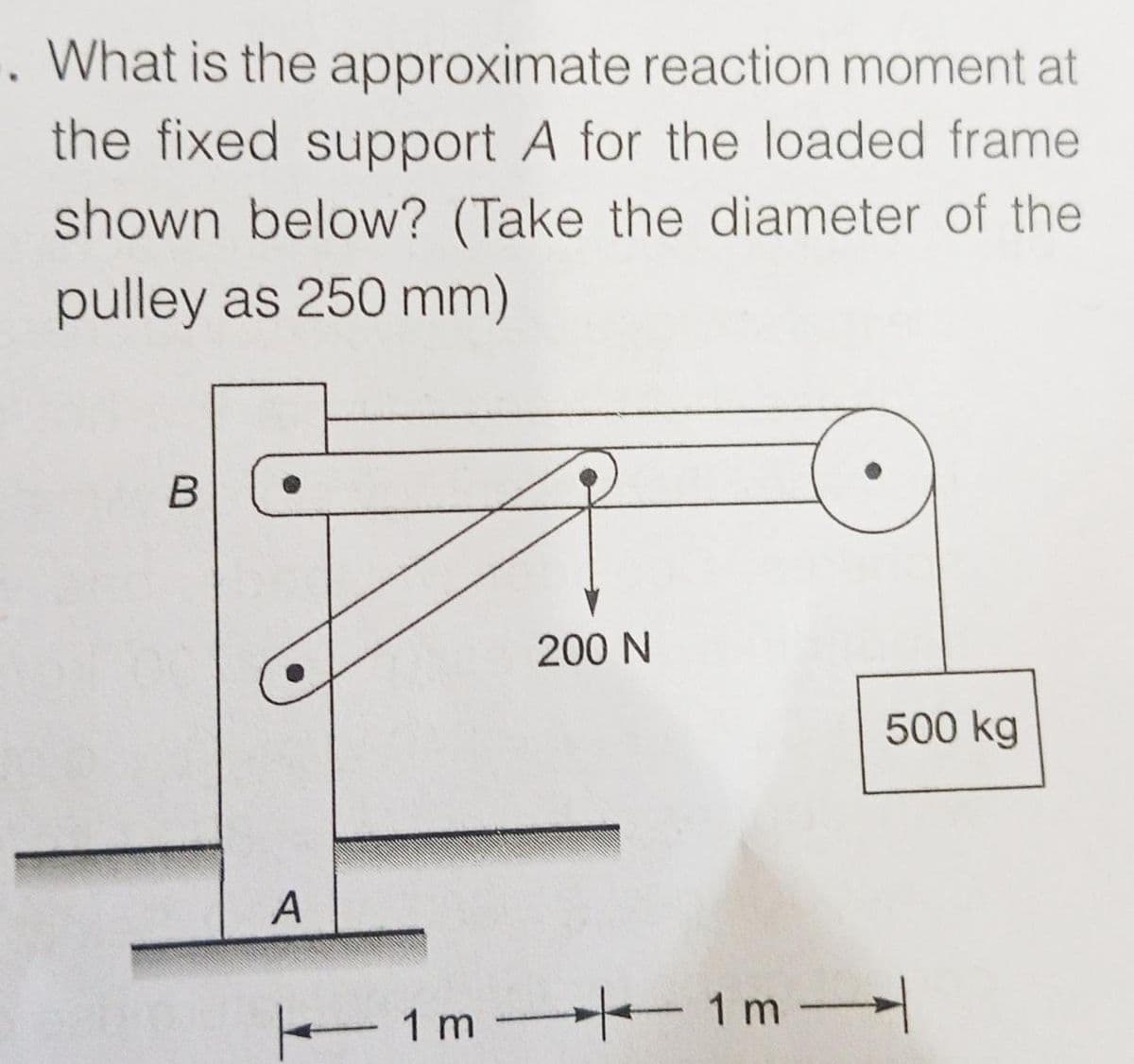 . What is the approximate reaction moment at
the fixed support A for the loaded frame
shown below? (Take the diameter of the
pulley as 250 mm)
200 N
500 kg
1m 1m
