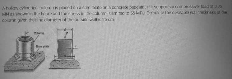 A hollow cylindrical column is placed on a steel plate on a concrete pedestal, if it supports a compressive load of 0 75
MN as shown in the figure and the stress in the column is limited to 55 MPa, Calculate the desirable wall thickness of the
column given that the diameter of the outside wall is 25 cm
Column
Base plate
