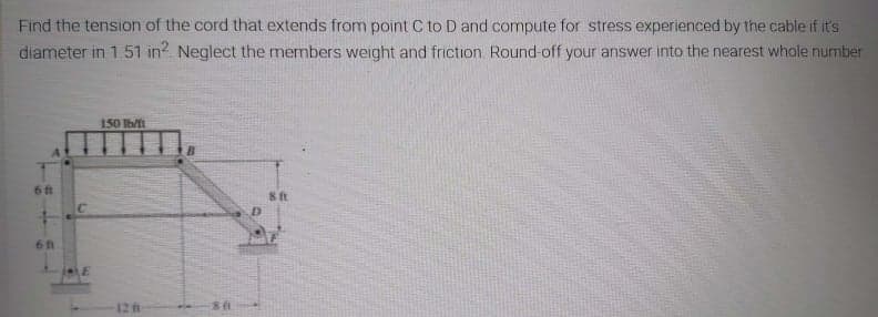 Find the tension of the cord that extends from point C to D and compute for stress experienced by the catble if it's
diameter in 1.51 in? Neglect the members weight and friction Round-off your answer into the nearest whole number
150 Ib/ft
6 ft
8 ft
6 fh
-12 ft
