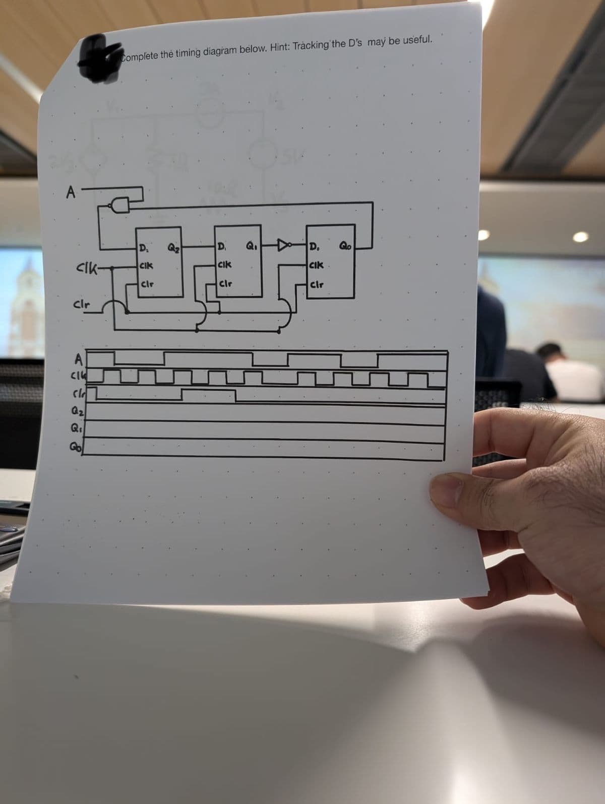A
Complete the timing diagram below. Hint: Tracking the D's may be useful.
D₁
Qz
D₁
Q₁
D.
Qo
CIK-
CIK
CIK
CIK
Clr
clr
cir
clr
A
CI
Cl
G₂
Q