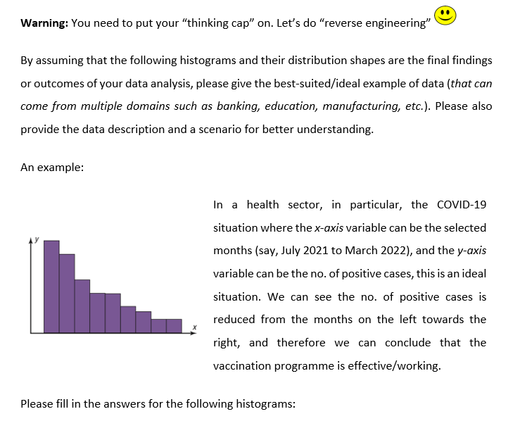 Warning: You need to put your "thinking cap" on. Let's do "reverse engineering"
By assuming that the following histograms and their distribution shapes are the final findings
or outcomes of your data analysis, please give the best-suited/ideal example of data (that can
come from multiple domains such as banking, education, manufacturing, etc.). Please also
provide the data description and a scenario for better understanding.
An example:
In a health sector, in particular, the COVID-19
situation where the x-axis variable can be the selected
months (say, July 2021 to March 2022), and the y-axis
variable can be the no. of positive cases, this is an ideal
situation. We can see the no. of positive cases is
reduced from the months on the left towards the
right, and therefore we can conclude that the
vaccination programme is effective/working.
Please fill in the answers for the following histograms: