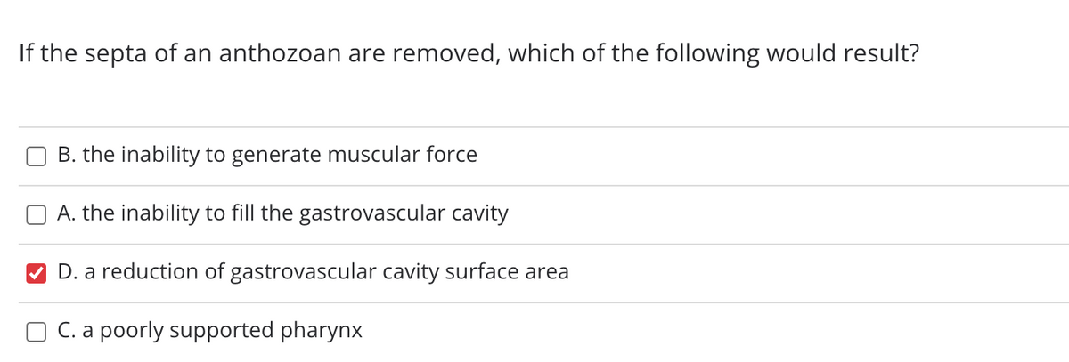 If the septa of an anthozoan are removed, which of the following would result?
B. the inability to generate muscular force
A. the inability to fill the gastrovascular cavity
D. a reduction of gastrovascular cavity surface area
C. a poorly supported pharynx
