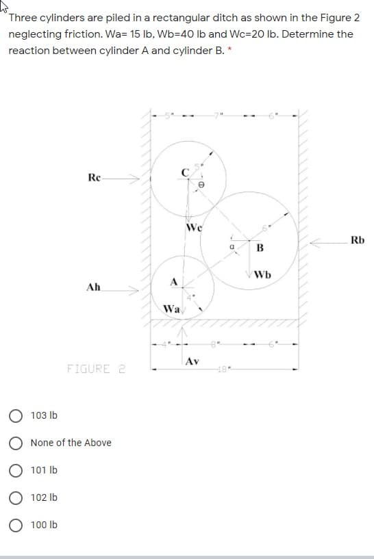 Three cylinders are piled in a rectangular ditch as shown in the Figure 2
neglecting friction. Wa= 15 Ib, Wb=40 lb and Wc=20 Ib. Determine the
reaction between cylinder A and cylinder B. *
Rc
We
Rb
B
Wb
Ah
Wa
Av
FIGURE 2
18
103 lb
O None of the Above
O 101 Ib
О 102 Ib
O 100 Ib
