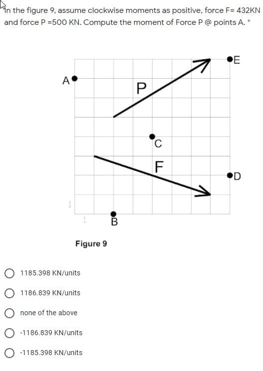 "in the figure 9, assume clockwise moments as positive, force F= 432KN
and force P =500 KN. Compute the moment of Force P @ points A. *
•E
A•
P
F
PD
В
Figure 9
1185.398 KN/units
1186.839 KN/units
none of the above
O -1186.839 KN/units
O -1185.398 KN/units
