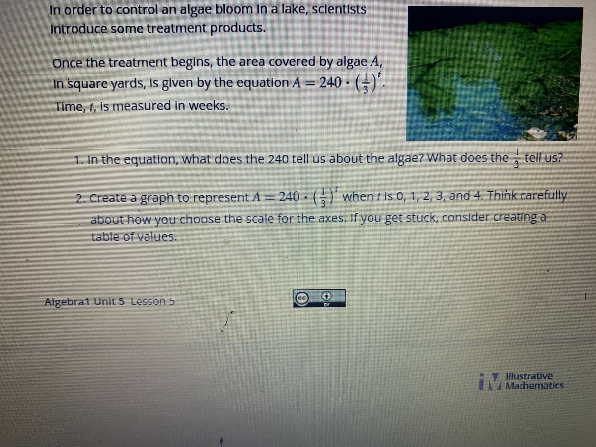 In order to control an algae bloom in a lake, sclentists
Introduce some treatment products.
Once the treatment begins, the area covered by algae A,
In square yards, is given by the equation A = 240 · ()'.
Time, t, is measured in weeks.
1. In the equation, what does the 240 tell us about the algae? What does the tell us?
2. Create a graph to represent A = 240 .
(G) when / is 0, 1, 2, 3, and 4. Think carefully
about how you choose the scale for the axes. If you get stuck, consider creating a
table of values.
Algebra1 Unit 5 Lesson 5
iM
Illustrative
I Mathematics
