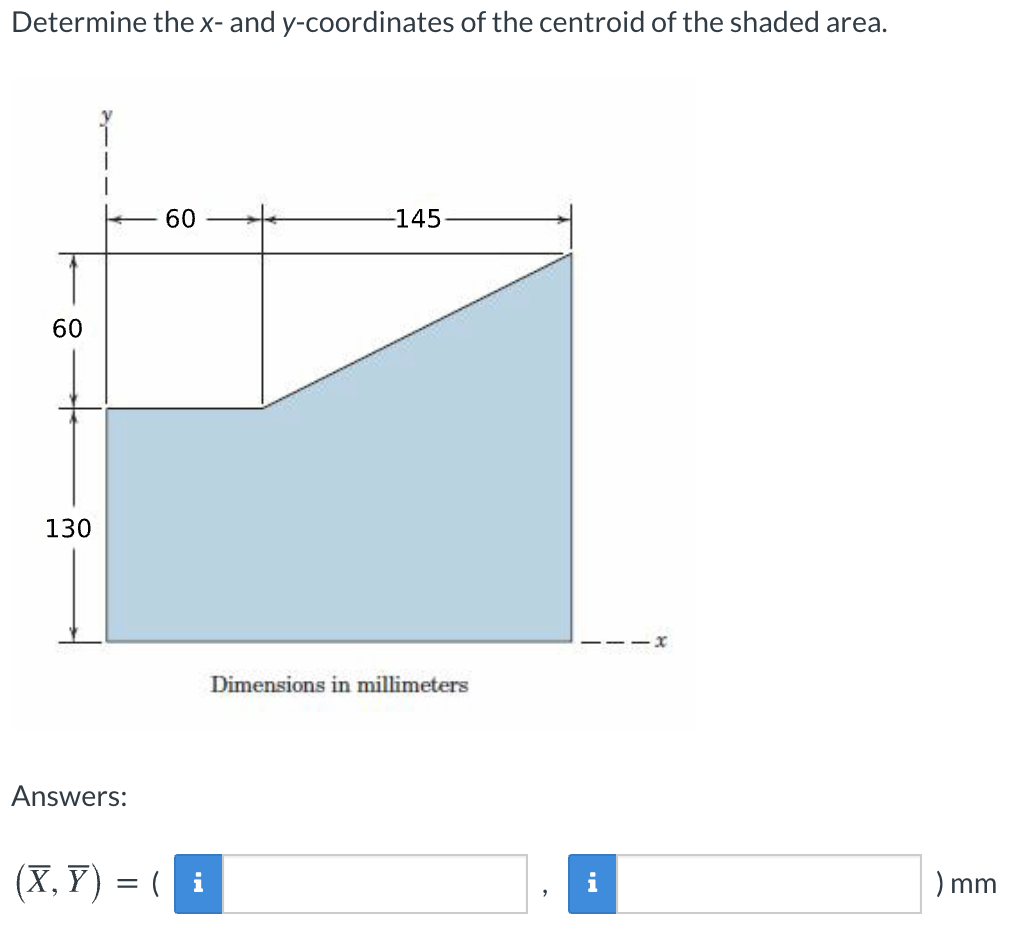 Determine the x- and y-coordinates of the centroid of the shaded area.
60
-145
60
130
Dimensions in millimeters
Answers:
(X, Y) = ( i
) mm
