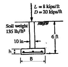 Soil weight
135 lb/ft³
10 in-
h
B
L = 8 kips/ft
D = 20 kips/ft
6 ft