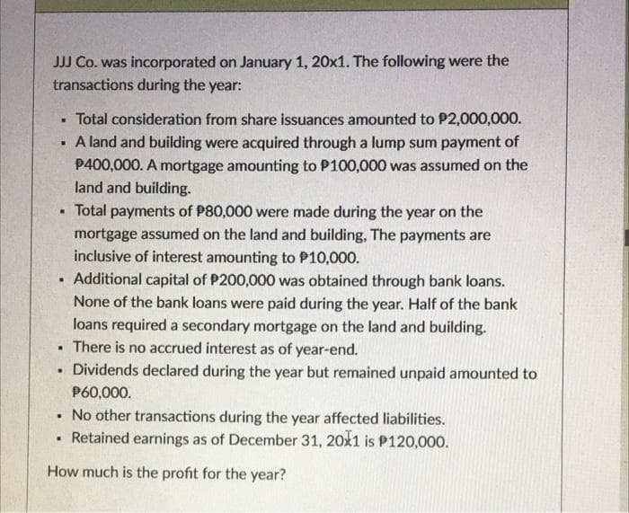 JJJ Co. was incorporated on January 1, 20x1. The following were the
transactions during the year:
Total consideration from share issuances amounted to P2,000,000.
· A land and building were acquired through a lump sum payment of
P400,000. A mortgage amounting to P100,000 was assumed on the
land and building.
Total payments of P80,000 were made during the year on the
%.
mortgage assumed on the land and building, The payments are
inclusive of interest amounting to P10,000.
· Additional capital of P200,000 was obtained through bank loans.
None of the bank loans were paid during the year. Half of the bank
loans required a secondary mortgage on the land and building.
There is no accrued interest as of year-end.
Dividends declared during the year but remained unpaid amounted to
P60,000.
• No other transactions during the year affected liabilities.
• Retained earnings as of December 31, 20x1 is P120,000.
How much is the profit for the year?
