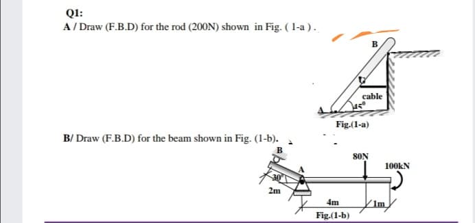 QI:
A/ Draw (F.B.D) for the rod (200N) shown in Fig. ( 1-a).
cable
Fig.(1-a)
B/ Draw (F.B.D) for the beam shown in Fig. (1-b).
SON
100kN
2m
4m
Fig.(1-b)
