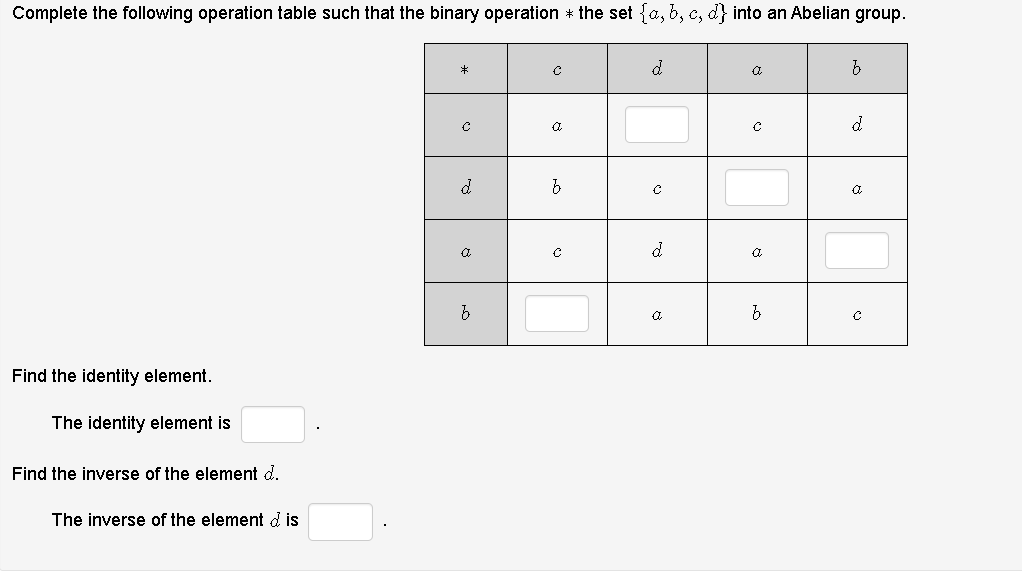 Complete the following operation table such that the binary operation * the set {a, b, c, d} into an Abelian group.
a
a
Find the identity element.
The identity element is
Find the inverse of the element d.
The inverse of the element d is
