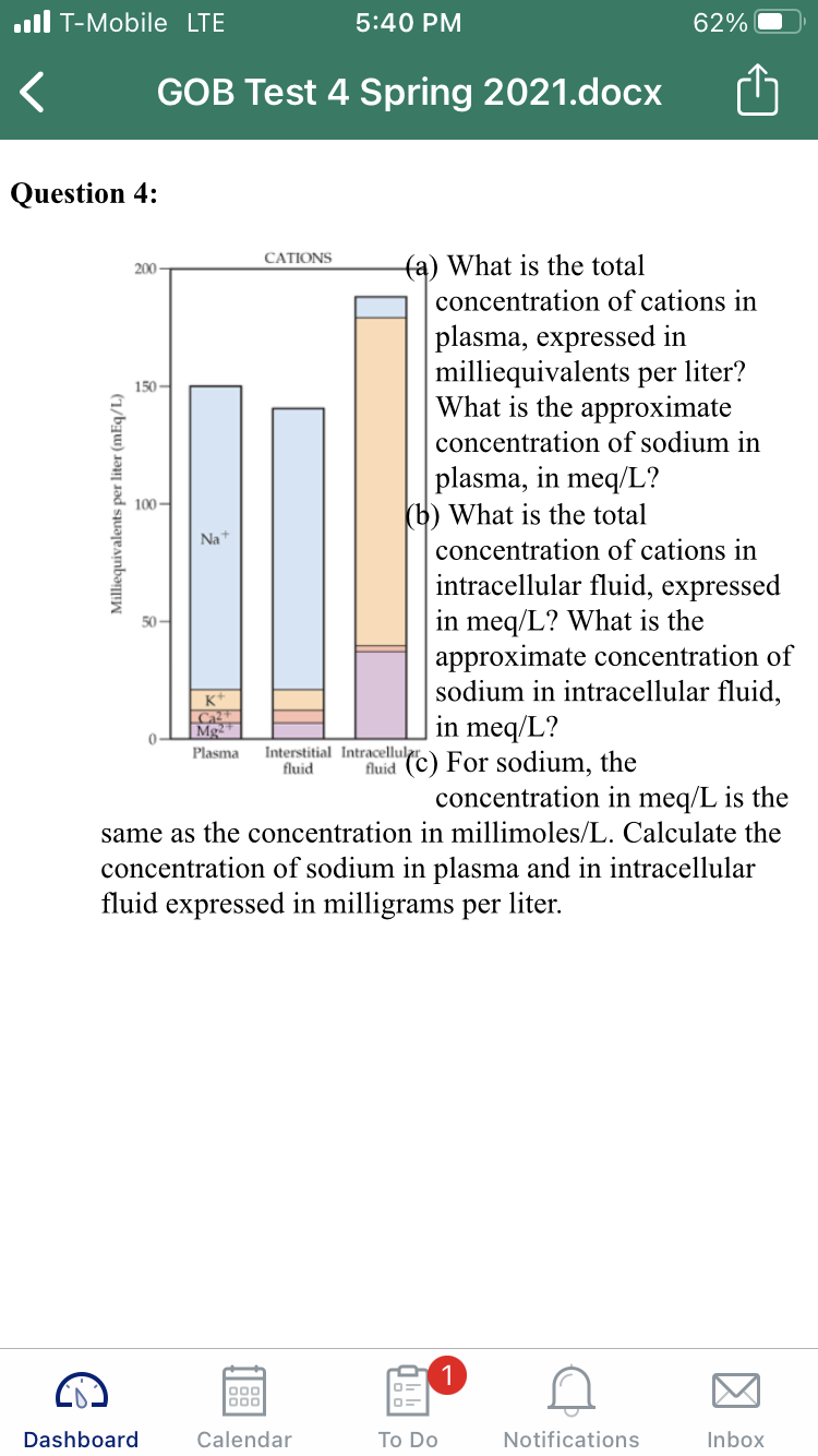 ll T-Mobile LTE
5:40 PM
62%
GOB Test 4 Spring 2021.docx
Question 4:
CATIONS
(a) What is the total
concentration of cations in
plasma, expressed in
milliequivalents per liter?
What is the approximate
200-
150-
concentration of sodium in
plasma, in meq/L?
(b) What is the total
100 -
Na
concentration of cations in
intracellular fluid, expressed
in meq/L? What is the
approximate concentration of
sodium in intracellular fluid,
in meq/L?
"fluid (C) For sodium, the
concentration in meq/L is the
50-
K
Mg2
Interstitial Intracellula
fluid
Plasma
same as the concentration in millimoles/L. Calculate the
concentration of sodium in plasma and in intracellular
fluid expressed in milligrams per liter.
000
000
Dashboard
Calendar
To Do
Notifications
Inbox
Milliequivalents per liter (mEq/L)
因
