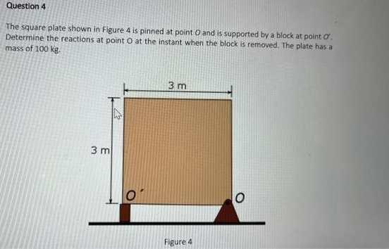 Question 4
The square plate shown in Figure 4 is pinned at point O and is supported by a block at point O.
Determine the reactions at point O at the instant when the block is removed. The plate has a
mass of 100 kg.
3 m
3 m
Figure 4
O