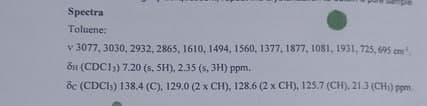 Spectra
Toluene:
v 3077, 3030, 2932, 2865, 1610, 1494, 1560, 1377, 1877, 1081, 1931, 725,695 cm
8 (CDC13) 7.20 (s. 5H), 2.35 (s, 3H) ppm.
bc (CDCl3) 138.4 (C), 129.0 (2 x CH), 128.6 (2 x CH), 125.7 (CH), 21.3 (CH)) ppm.