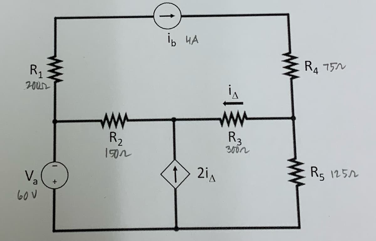 R₁
2002
www
Va
60V
+
↑
ib 4A
R₁ 752
www
R₂
1502
(>2iA
www
R₂
3000
R5 12522