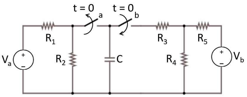 Va
+
R4
R5
+
V
t = 0
t = 0.
b
ww
www
R3
R₁
R2
C
b