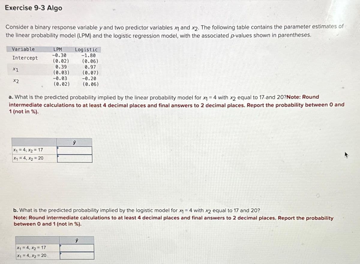 Exercise 9-3 Algo
Consider a binary response variable y and two predictor variables x₁ and x2. The following table contains the parameter estimates of
the linear probability model (LPM) and the logistic regression model, with the associated p-values shown in parentheses.
Variable
Intercept
X1
x2
x₁ = 4; X₂ = 17
x₁ = 4, X₂= 20
LPM
-0.30
(0.02)
0.39
(0.03)
-0.03
(0.02)
Logistic
-1.80
(0.06)
0.97
(0.07)
a. What is the predicted probability implied by the linear probability model for x1 = 4 with x2 equal to 17-and 20?Note: Round
intermediate calculations to at least 4 decimal places and final answers to 2 decimal places. Report the probability between 0 and
1 (not in %).
x₁ = 4, X₂ = 17
x₁ = 4, X₂= 20
ŷ
-0.20
(0.06)
b. What is the predicted probability implied by the logistic model for x₁ = 4 with x2 equal to 17 and 20?
Note: Round intermediate calculations to at least 4 decimal places and final answers to 2 decimal places. Report the probability
between 0 and 1 (not in %).
ŷ