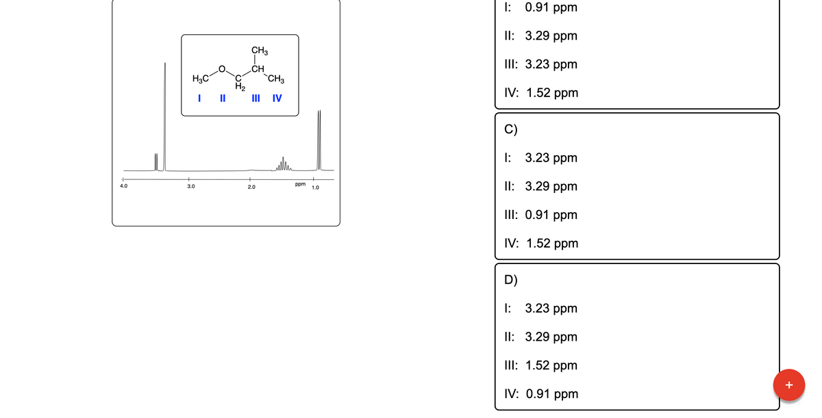 -|·
4.0
H3C
I
3.0
H₂
CH3
CH
CH3
III IV
2.0
ppm
1.0
I:
0.91 ppm
II:
3.29 ppm
III: 3.23 ppm
IV: 1.52 ppm
C)
1: 3.23 ppm
II: 3.29 ppm
III: 0.91 ppm
IV:
1.52 ppm
D)
1:
3.23 ppm
II:
3.29 ppm
III: 1.52 ppm
IV: 0.91 ppm
+