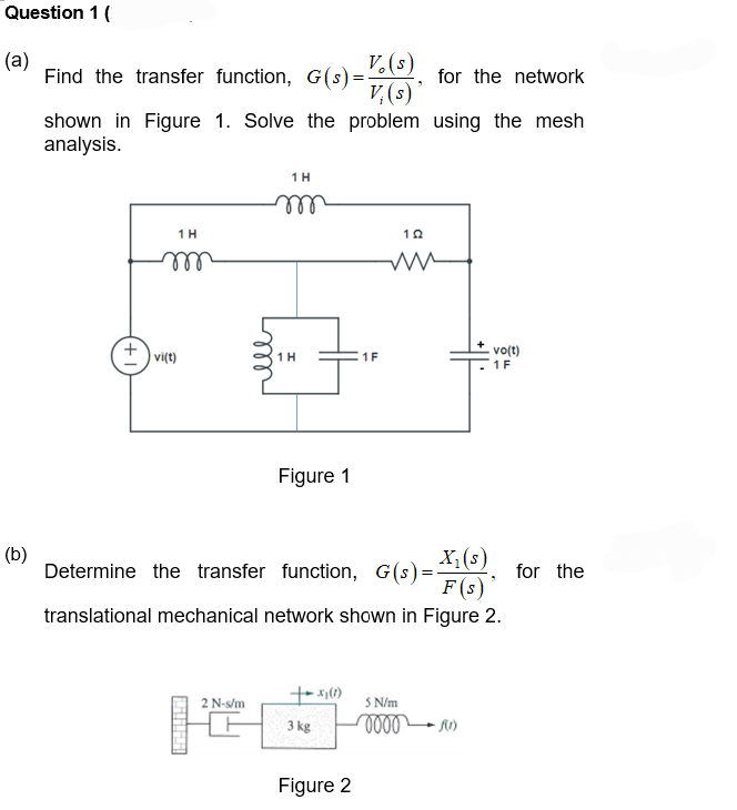 Question 1 (
(a)
(b)
Find the transfer function, G(s)=
for the network
shown in Figure 1. Solve the problem using the mesh
analysis.
+
1 H
m
vi(t)
1 H
m
2 N-s/m
1 H
Figure 1
V. (s)
V₁(s)*
+ x₂ (1)
3 kg
Figure 2
1F
Determine the transfer function, G(s)=X₁(s)
F(s)
translational mechanical network shown in Figure 2.
122
5 N/m
0000
vo(t)
1 F
-R(1)
for the