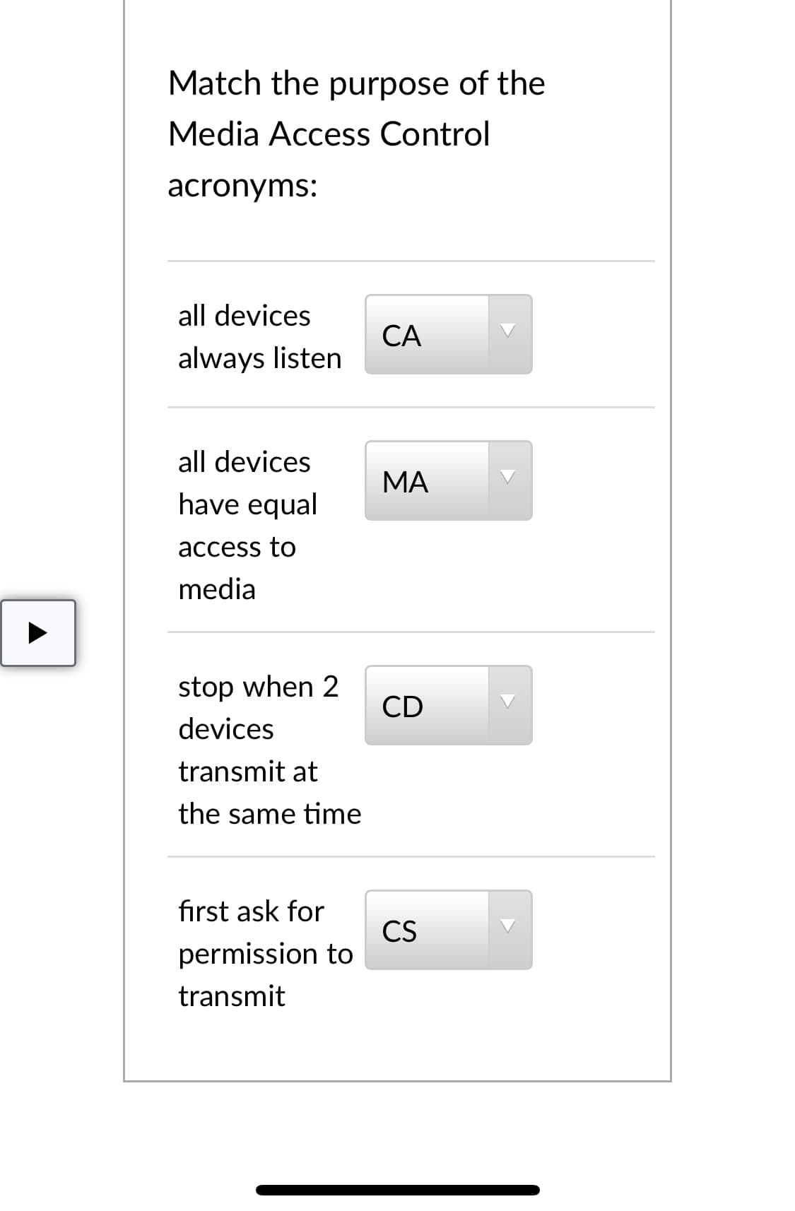 Match the purpose of the
Media Access Control
acronyms:
all devices
CA
always listen
all devices
MA
have equal
access to
media
stop when 2
CD
devices
transmit at
the same time
first ask for
CS
permission to
transmit
