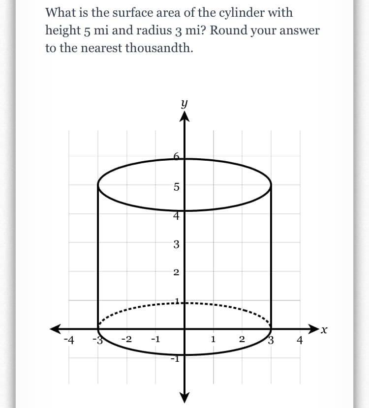 What is the surface area of the cylinder with
height 5 mi and radius 3 mi? Round your answer
to the nearest thousandth.
5
4
3
2
-3
X.
4
-4
-2
-1
1
