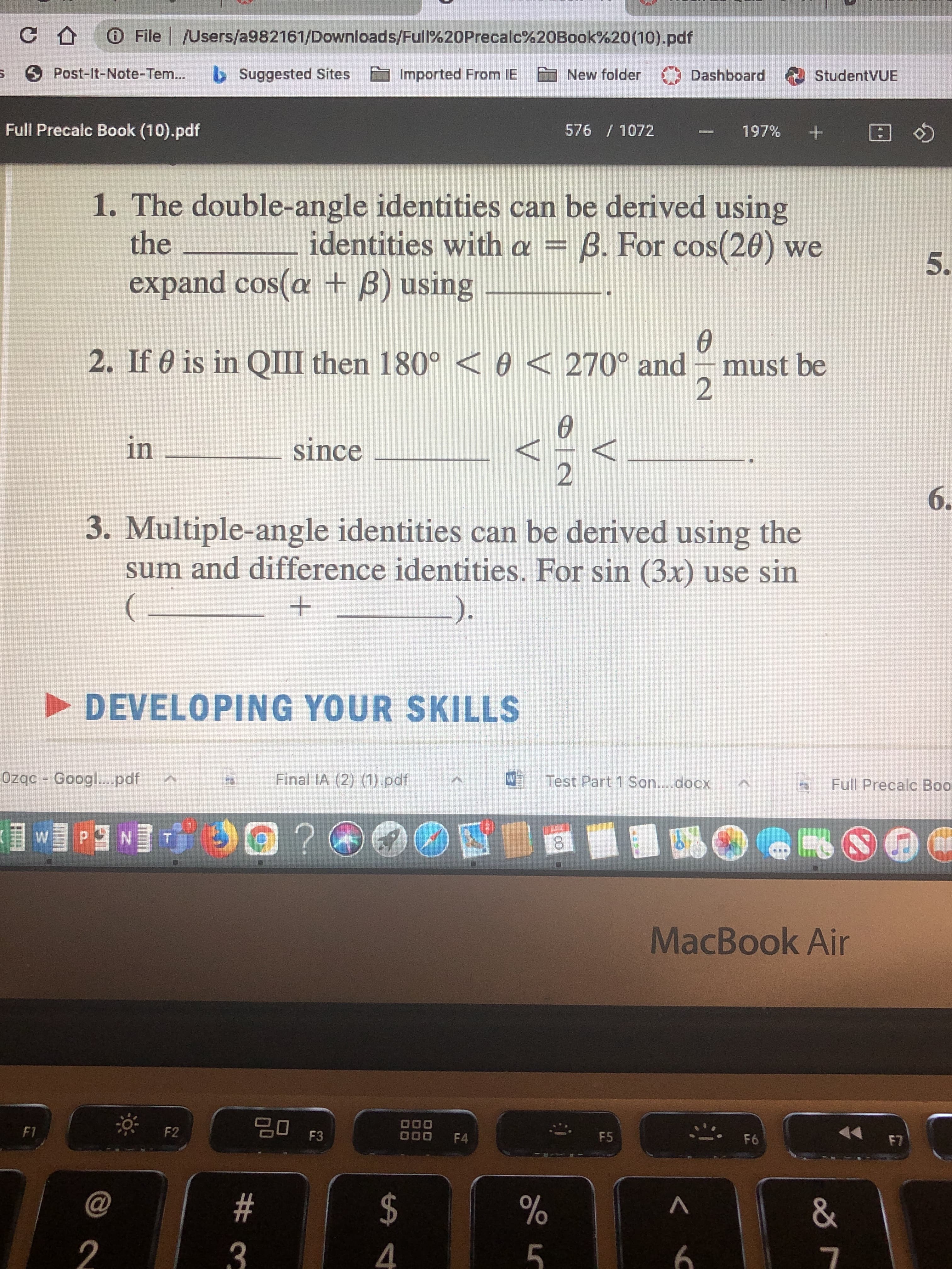 2. If 0 is in QIII then 180° < 0 < 270° and
must be
in
since
