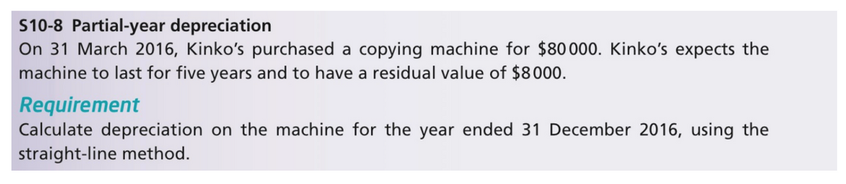 S10-8 Partial-year depreciation
On 31 March 2016, Kinko's purchased a copying machine for $80000. Kinko's expects the
machine to last for five years and to have a residual value of $8000.
Requirement
Calculate depreciation on the machine for the year ended 31 December 2016, using the
straight-line method.
