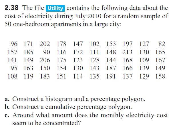 2.38 The file Utility contains the following data about the
cost of electricity during July 2010 for a random sample of
50 one-bedroom apartments in a large city:
96 171 202 178 147 102 153 197 127 82
157 185 90 116 172 111 148 213 130 165
141 149 206 175 123 128 144 168 109 167
95 163 150 154 130 143 187 166 139 149
108 119 183 151 114 135 191 137 129 158
a. Construct a histogram and a percentage polygon.
b. Construct a cumulative percentage polygon.
c. Around what amount does the monthly electricity cost
seem to be concentrated?