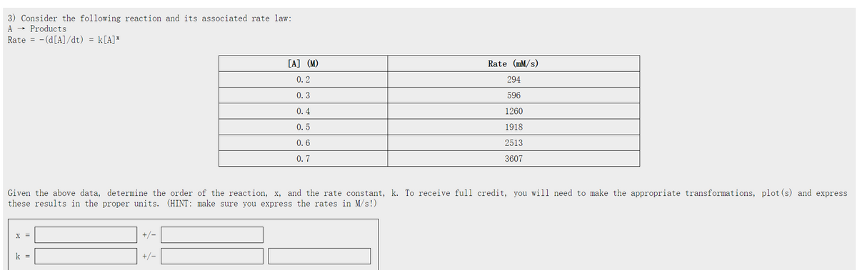 3) Consider the following reaction and its associated rate law:
A
Products
=
Rate (d[A]/dt) = k[A]*
[A] (M)
Rate (m/s)
0.2
294
0.3
596
0.4
1260
0.5
1918
0.6
0.7
2513
3607
Given the above data, determine the order of the reaction, x, and the rate constant, k. To receive full credit, you will need to make the appropriate transformations, plot(s) and express
these results in the proper units. (HINT: make sure you express the rates in M/s!)
k
+/-
+/-