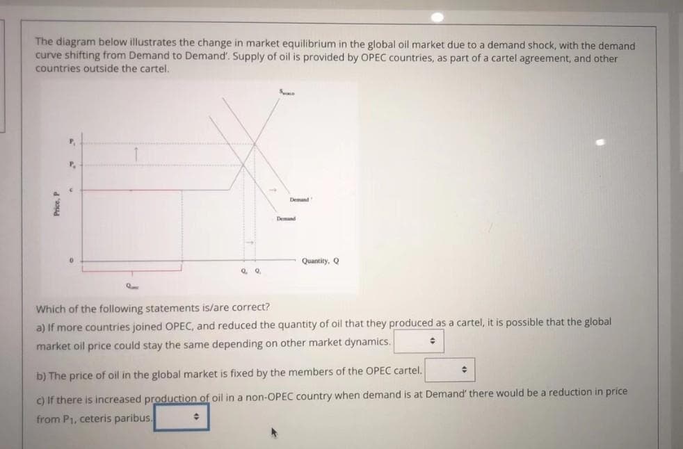 The diagram below illustrates the change in market equilibrium in the global oil market due to a demand shock, with the demand
curve shifting from Demand to Demand'. Supply of oil is provided by OPEC countries, as part of a cartel agreement, and other
countries outside the cartel,
P.
P.
Demand
Demand
Quantity, Q
Q Q.
Which of the following statements is/are correct?
global
a) If more countries joined OPEC, and reduced the quantity of oil that they produced as a cartel, it is possible that
market oil price could stay the same depending on other market dynamics.
b) The price of oil in the global market is fixed by the members of the OPEC cartel.
c) If there is increased production of oil in a non-OPEC country when demand is at Demand' there would be a reduction in price
from P1, ceteris paribus.
