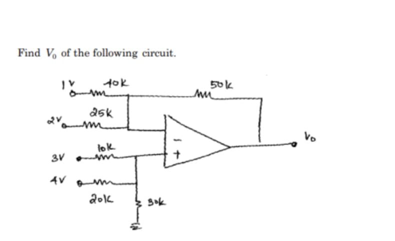 Find V₁ of the following circuit.
I V
2V
3V
4V
40k
25k
lok
201
Bok
+
50k
mu