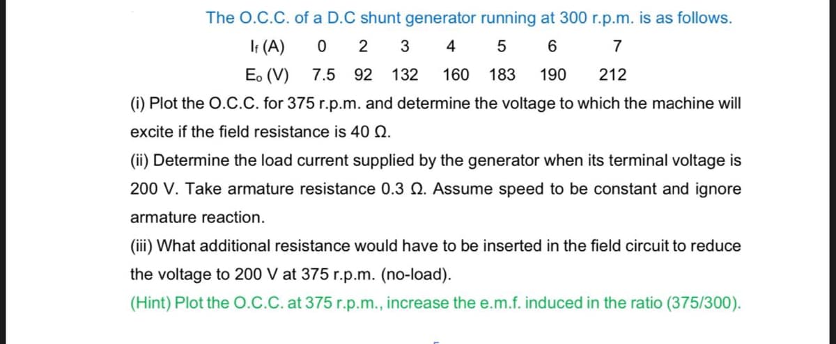 The O.C.C. of a D.C shunt generator running at 300 r.p.m. is as follows.
It (A)
0 2 3
4
6.
7
5
E. (V)
7.5
92
132
160
183
190
212
(i) Plot the O.C.C. for 375 r.p.m. and determine the voltage to which the machine will
excite if the field resistance is 40 Q.
(ii) Determine the load current supplied by the generator when its terminal voltage is
200 V. Take armature resistance 0.3 Q. Assume speed to be constant and ignore
armature reaction.
(iii) What additional resistance would have to be inserted in the field circuit to reduce
the voltage to 200 V at 375 r.p.m. (no-load).
(Hint) Plot the O.C.C. at 375 r.p.m., increase the e.m.f. induced in the ratio (375/300).
