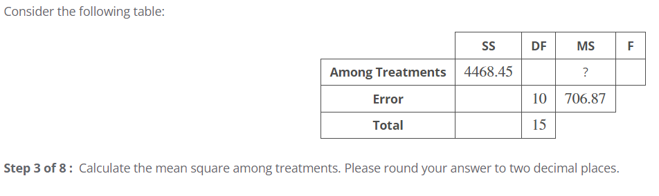 Consider the following table:
SS
DF
MS
?
10
10 7
706.87
15
Among Treatments 4468.45
Error
Total
Step 3 of 8: Calculate the mean square among treatments. Please round your answer to two decimal places.
LL
F