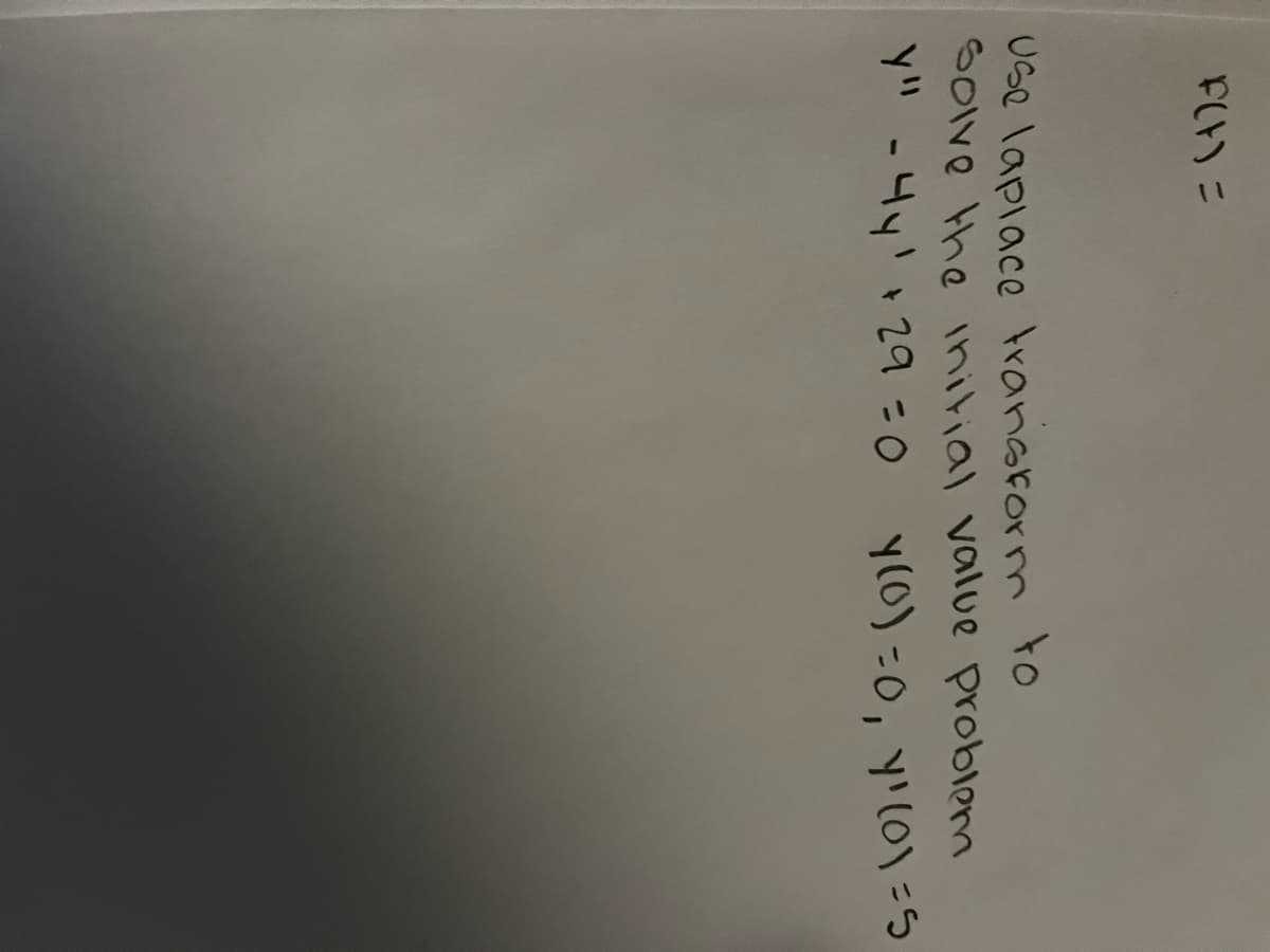 F(t) =
Use laplace transform to
Solve the initial valve problem
y" - 4y¹ +29=0
y(0) = 0, y¹ (0)=5