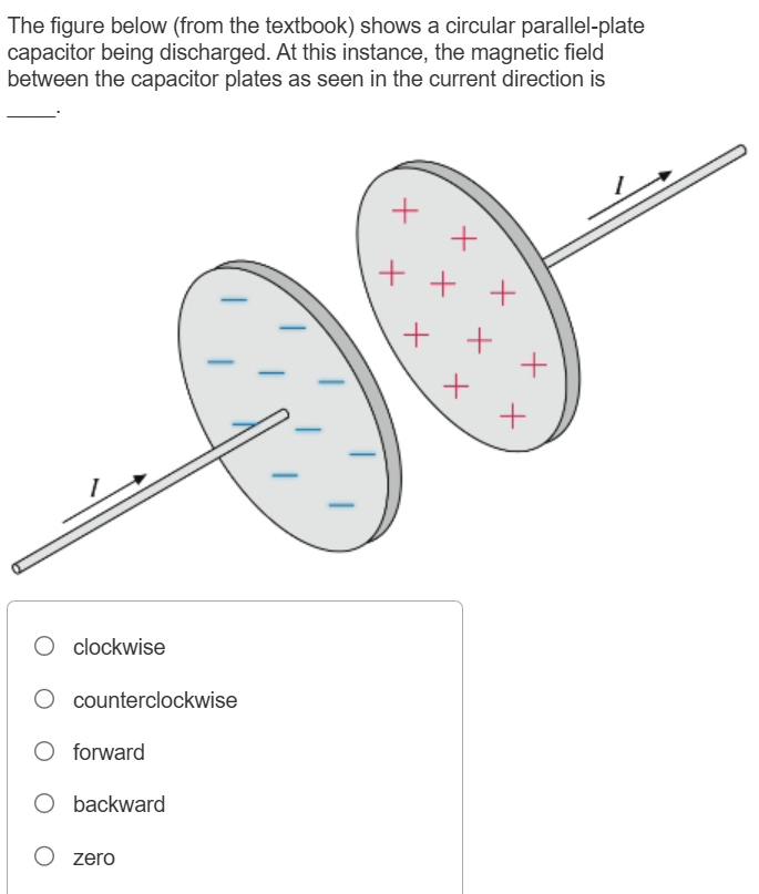 The figure below (from the textbook) shows a circular parallel-plate
capacitor being discharged. At this instance, the magnetic field
between the capacitor plates as seen in the current direction is
○ clockwise
○ counterclockwise
○ forward
○ backward
○ zero
+
+
+