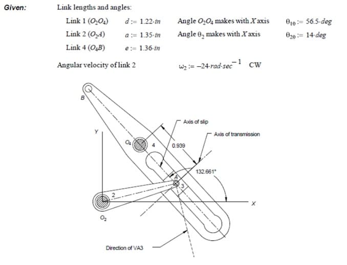 Given:
Link lengths and angles:
Link 1 (O,04)
d:= 1.22-in
Angle O,0, makes with X axis
O10:= 56.5-deg
Link 2 (O,A)
a := 1.35-in
Angle 0, makes with X axis
O20 := 14-deg
Link 4 (O4B)
e:= 1.36-in
Angular velocity of link 2
wz:= -24-rad-sec
CW
Axis of slip
Axis of transmission
0.939
132.661*
Direction of VA3
