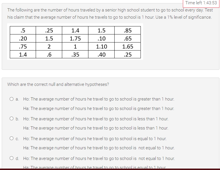 Time left 1:43:53
The following are the number of hours traveled by a senior high school student to go to school every day. Test
his claim that the average number of hours he travels to go to school is 1 hour. Use a 1% level of significance.
.5
.25
1.4
1.5
.85
.20
1.5
1.75
.10
.65
.75
2
1
1.10
1.65
1.4
.6
.35
.40
.25
Which are the correct null and alternative hypotheses?
O a. Ho: The average number of hours he travel to go to school is greater than 1 hour.
Ha: The average number of hours he travel to go to school is greater than 1 hour.
O b. Ho: The average number of hours he travel to go to school is less than 1 hour.
Ha: The average number of hours he travel to go to school is less than 1 hour.
O c. Ho: The average number of hours he travel to go to school is equal to 1 hour.
Ha: The average number of hours he travel to go to school is not equal to 1 hour.
O d. Ho: The average number of hours he travel to go to school is not equal to 1 hour.
Ha: The average number of hours he travel to go to school is equal to 1 hour
