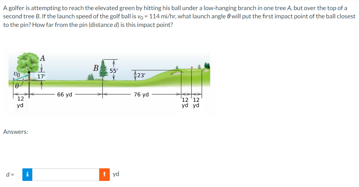 A golfer is attempting to reach the elevated green by hitting his ball under a low-hanging branch in one tree A, but over the top of a
second tree B. If the launch speed of the golf ball is vo= 114 mi/hr, what launch angle will put the first impact point of the ball closest
to the pin? How far from the pin (distance d) is this impact point?
VO
12
yd
Answers:
d =
i
A
17'
66 yd
B
55'
! yd
23'
76 yd
12 12
yd yd