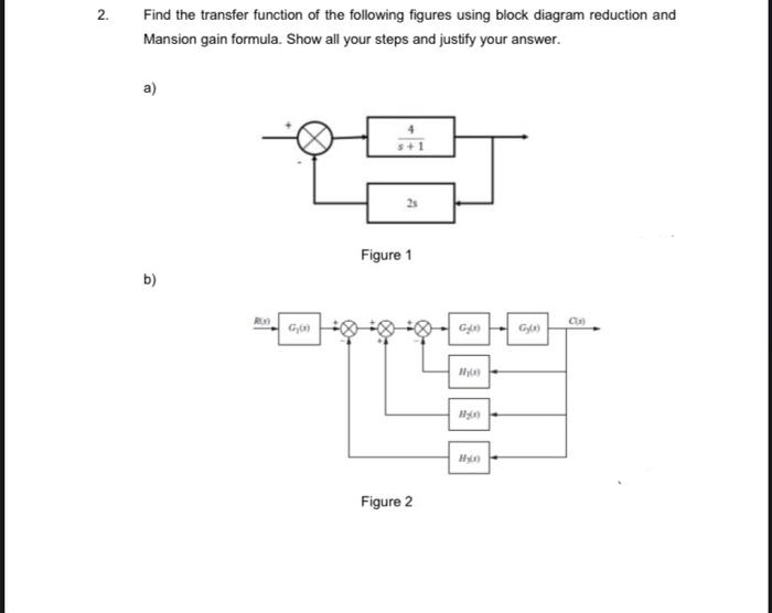 2.
Find the transfer function of the following figures using block diagram reduction and
Mansion gain formula. Show all your steps and justify your answer.
a)
2s
C3₂)
g
RU)
Go
Figure 1
Figure 2
3
(ارت)
Hy
Hy
G(0)