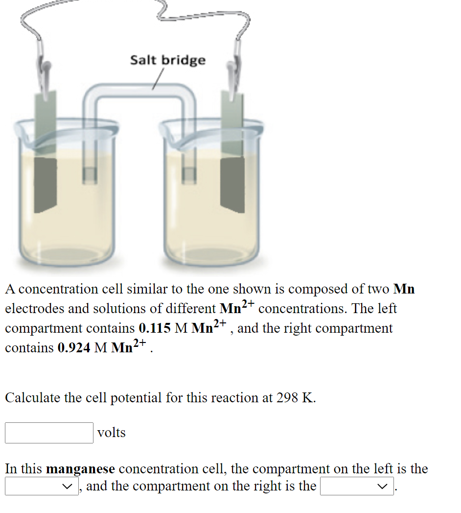 Salt bridge
A concentration cell similar to the one shown is composed of two Mn
electrodes and solutions of different Mn2+ concentrations. The left
2+
compartment contains 0.115 M Mn²
contains 0.924 M Mn .
and the right compartment
2+
Calculate the cell potential for this reaction at 298 K.
volts
In this manganese concentration cell, the compartment on the left is the
and the compartment on the right is the
