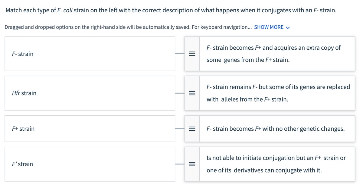 Match each type of E. coli strain on the left with the correct description of what happens when it conjugates with an F- strain.
Dragged and dropped options on the right-hand side will be automatically saved. For keyboard navigation... SHOW MORE ✓
F- strain
Hfr strain
F+ strain
F' strain
F-strain becomes F+ and acquires an extra copy of
some genes from the F+ strain.
F-strain remains F- but some of its genes are replaced
with alleles from the F+ strain.
F-strain becomes F+ with no other genetic changes.
Is not able to initiate conjugation but an F+ strain or
one of its derivatives can conjugate with it.