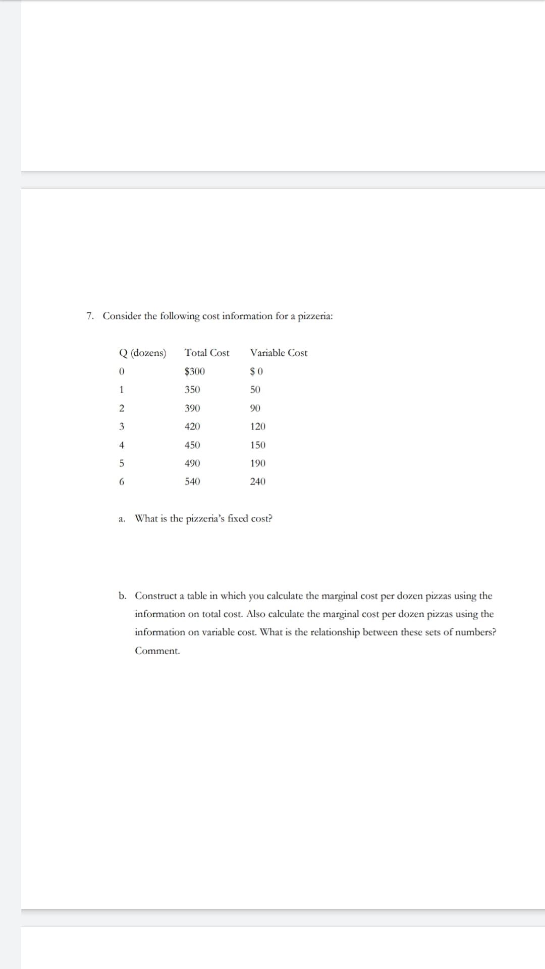 7. Consider the following cost information for a pizzeria:
Q (dozens)
Variable Cost
Total Cost
$ 0
$300
350
50
1
2
390
90
420
120
450
150
490
190
540
6
240
What is the pizzeria's fixed cost?
а.
b. Construct a table in which you calculate the marginal cost per dozen pizzas using the
information on total cost. Also calculate the marginal cost per dozen pizzas using the
information on variable cost. What is the relationship between these sets of numbers?
Comment
