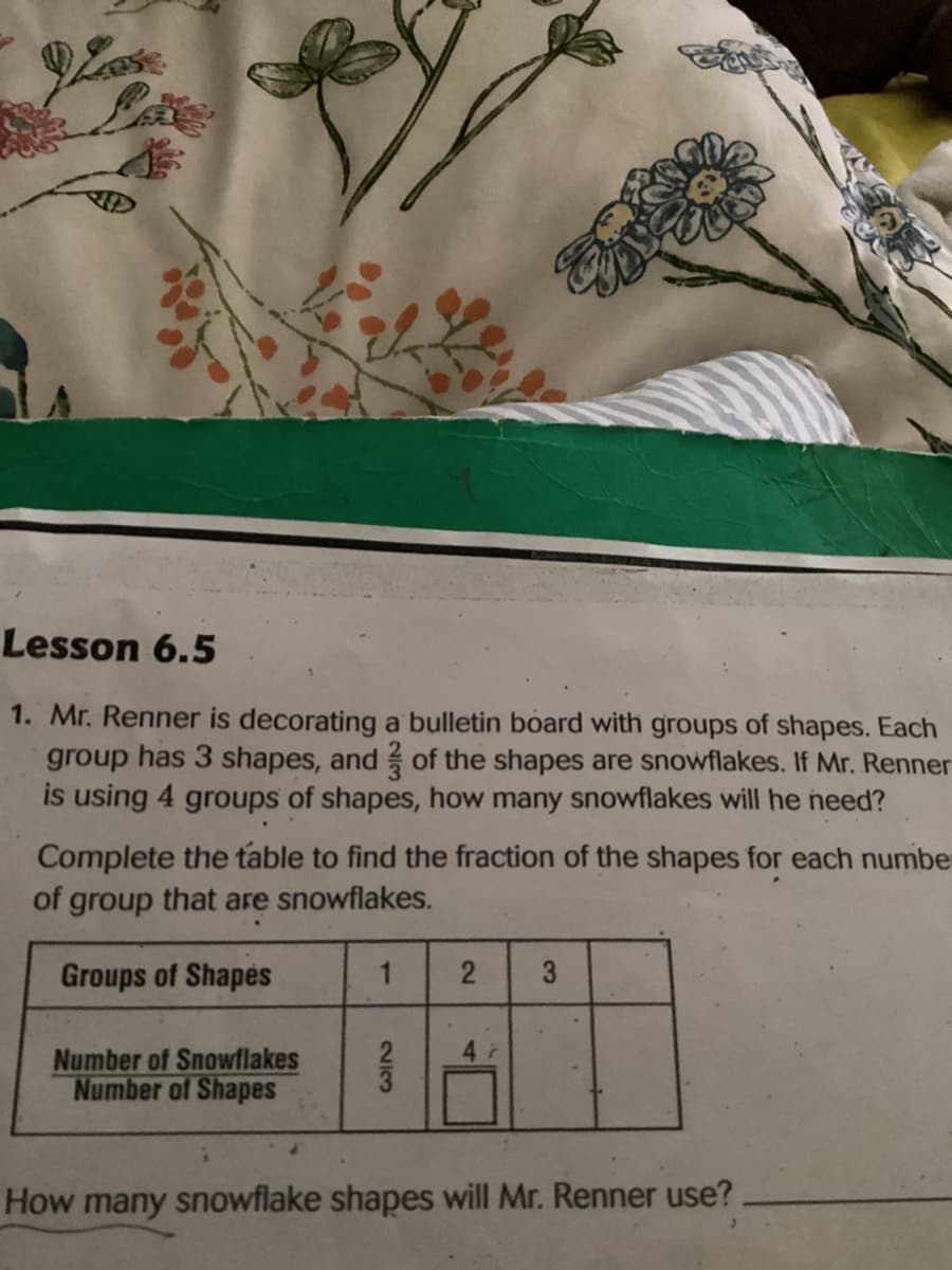 Lesson 6.5
1. Mr. Renner is decorating a bulletin board with groups of shapes. Each
group has 3 shapes, and of the shapes are snowflakes. If Mr. Renner
is using 4 groups of shapes, how many snowflakes will he need?
Complete the table to find the fraction of the shapes for each number
of group that are snowflakes.
Groups of Shapes
1
2 3
4/
Number of Snowflakes
Number of Shapes
How many snowflake shapes will Mr. Renner use?
23