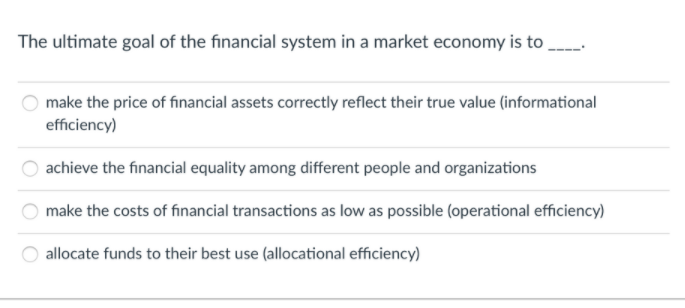 The ultimate goal of the financial system in a market economy is to
make the price of financial assets correctly reflect their true value (informational
efficiency)
achieve the financial equality among different people and organizations
make the costs of financial transactions as low as possible (operational efficiency)
allocate funds to their best use (allocational efficiency)
