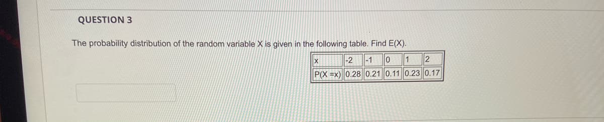 QUESTION 3
The probability distribution of the random variable X is given in the following table. Find E(X).
|-2
|-1
1
P(X =x) 0.28 0.21 0.11 0.23 0.17
