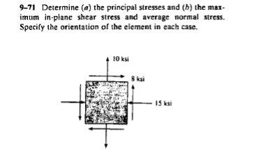 9-71 Determine (a) the principal stresses and (b) the max-
imum in-plane shear stress and average normal stress.
Specify the orientation of the element in each case.
10 ksi
8 ksi
IS ksi
