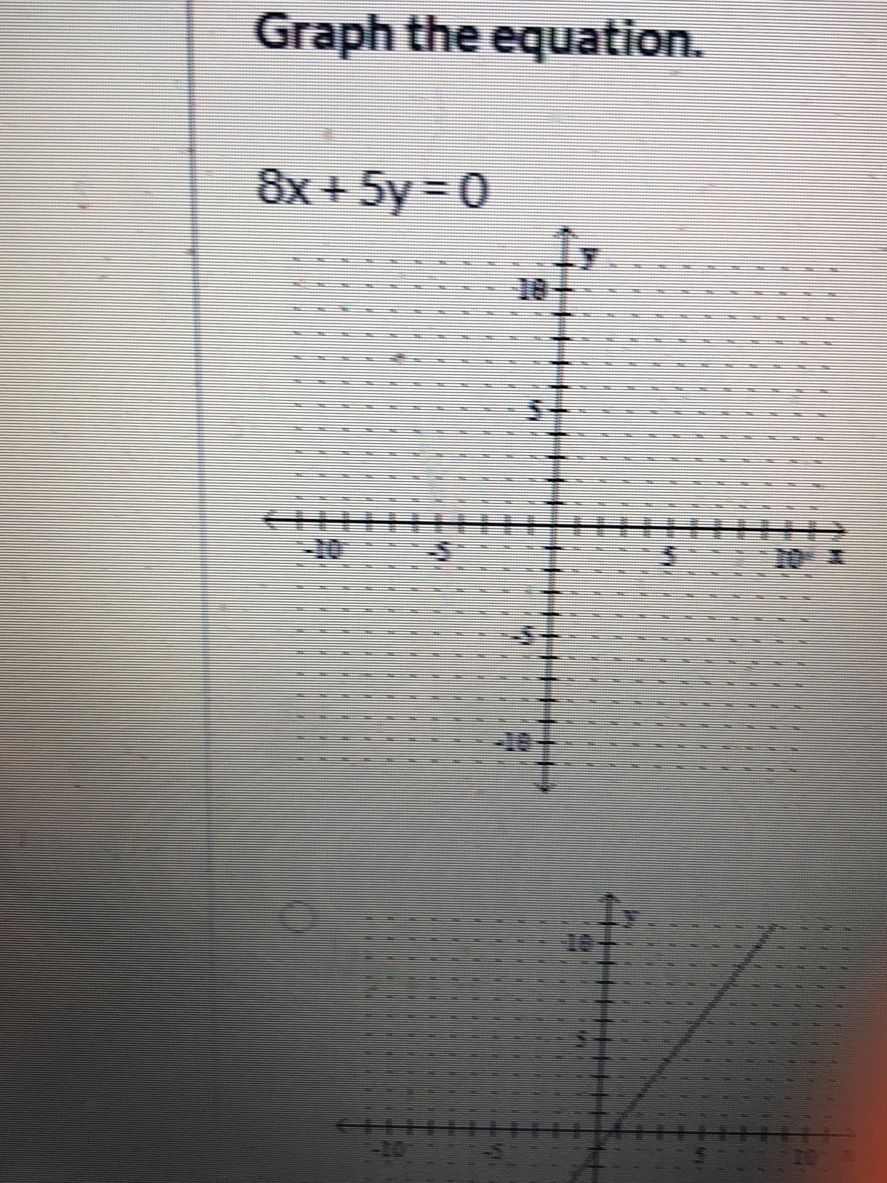 Graph the equation.
8x +5y%3D0
10-
-10
-18
