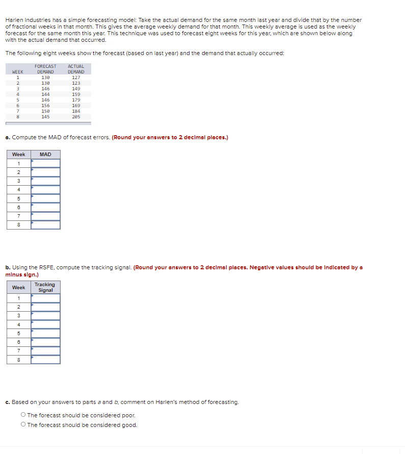 Harlen Industries has a simple forecasting model: Take the actual demand for the same month last year and divide that by the number
of fractional weeks in that month. This gives the average weekly demand for that month. This weekly average is used as the weekly
forecast for the same month this year. This technique was used to forecast eighnt weeks for this year, which are shown below along
with the actual demand that occurred.
The following eight weeks show the forecast (based on last year) and the demand that actually occurred:
ITT
FORECAST
ACTUAL
WEEK
DEMAND
DEMAND
130
1
127
2
130
123
3
146
149
4
144
159
5
146
179
156
169
150
184
145
205
a. Compute the MAD of forecast errors. (Round your answers to 2 decimal places.)
Week
MAD
1
2
4
7
b. Using the RSFE, compute the tracking signal. (Round your answers to 2 decimal places. Negative values should be Indicated by a
mlnus sign.)
Tracking
Week
Signal
1
2
4
7
8
c. Based on your answers to parts a and b, comment on Harlen's method of forecasting.
O The forecast should be considered poor.
O The forecast should be considered good.
