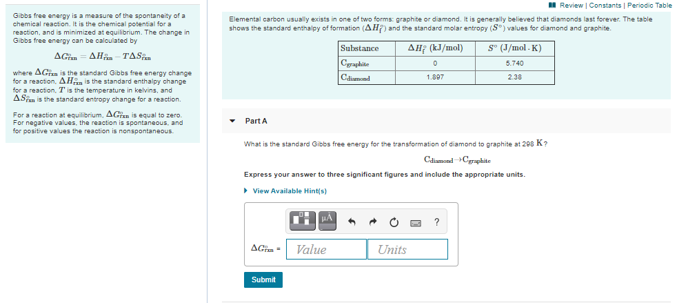 I Review | Constants | Periodic Table
Gibbs free energy is a measure of the spontaneity of a
chemical reaction. It is the chemical potential for a
reaction, and is minimized at equilibrium. The change in
Gibbs free energy can be calculated by
Elemental carbon usually exists in one of two forms: graphite or diamond. It is generally believed that diamonds last forever. The table
shows the standard enthalpy of formation (AH7) and the standard molar entropy (S°) values for diamond and graphite.
Substance
AH? (kJ/mol)
S° (J/mol - K)
AGan = AHn– TAS
Cgraphite
5.740
where AGixn is the standard Gibbs free energy change
for a reaction, AHan is the standard enthalpy change
for a reaction, T is the temperature in kelvins, and
ASxn is the standard entropy change for a reaction.
Cdiamond
1.897
2.38
For a reaction at equilibrium, AGixn is equal to zero.
For negative values, the reaction is spontaneous, and
for positive values the reaction is nonspontaneous.
Part A
What is the standard Gibbs free energy for the transformation of diamond to graphite at 298 K?
CdiamondCgraphite
Express your answer to three significant figures and include the appropriate units.
> View Available Hint(s)
HA
AGixn =
Value
Units
Submit
