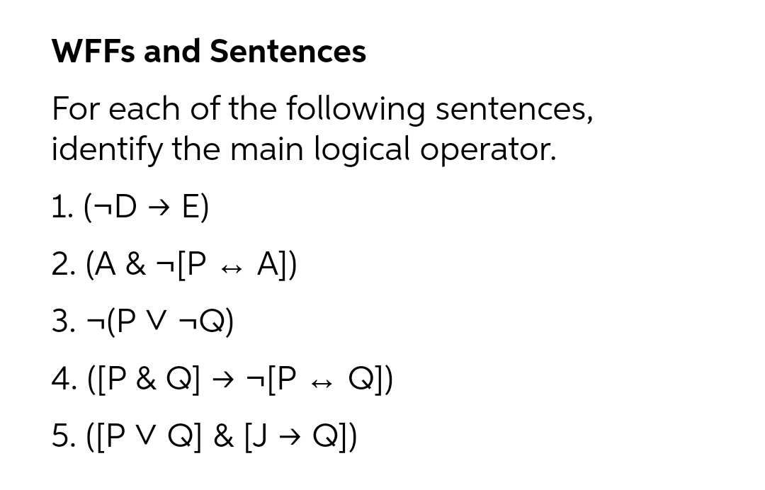 WFFS and Sentences
For each of the following sentences,
identify the main logical operator.
1. (¬D → E)
2. (A & ¬[P → A])
3. -(P V ¬Q)
4. ([P & Q] → ¬[P - Q)
5. ([P V Q] & [J → Q])
