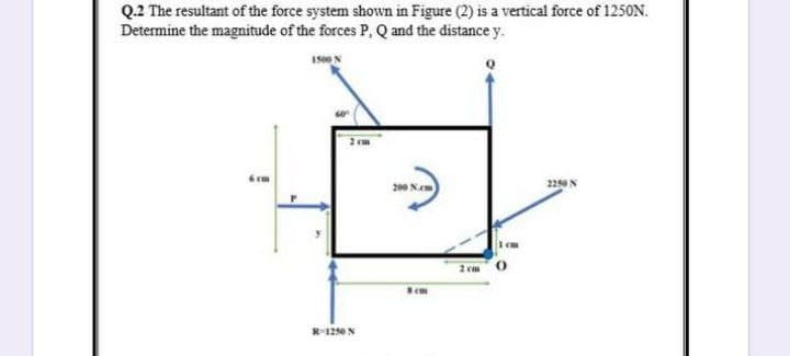 Q.2 The resultant of the force system shown in Figure (2) is a vertical force of 1250N.
Determine the magnitude of the forces P, Q and the distance y.
1500N
N.cm
2250 N
cm
R-1250N
